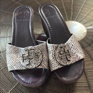 Tory Burch Gray Wedge Shoes with Metallic Emblem
